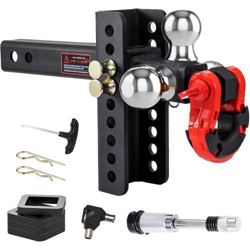 Adjustable Trailer Hitch, Tri Ball Mount with Rotatable Tow Shackle&Anti-Theft Locking Hitch Pin&Hook, Fits 2 inch Receiver, 1-7/8-in,2-in,2-5/16-in Ball, Heavy-Duty Towing Hitch with Shackle
