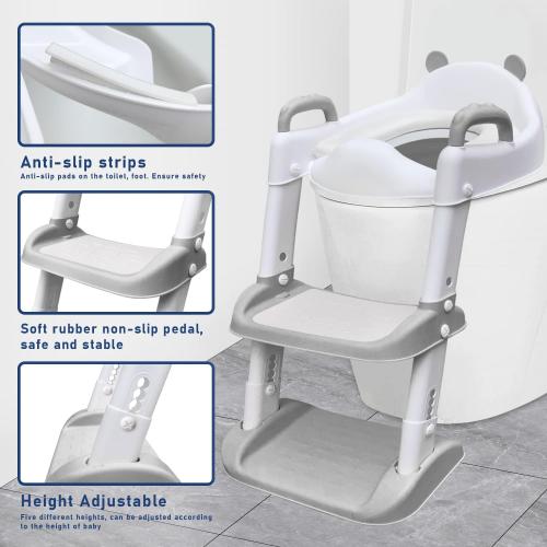 Potty Training Seat with Ladder Foldable Toilet with Splash Guard Non-Slip Potty Chair for Kids Toilet Seat with Step Stools (Gray)