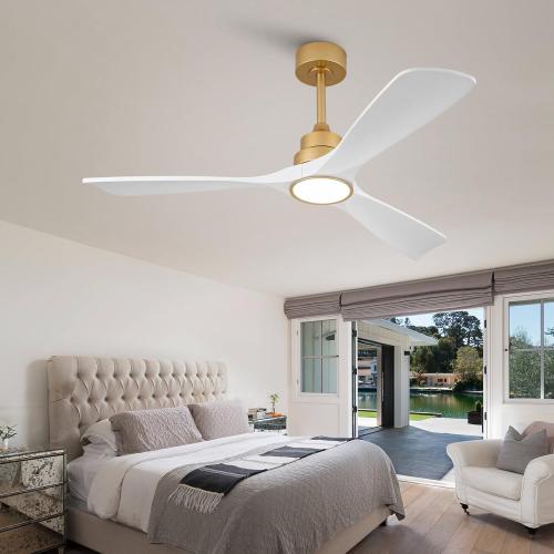 52 Inch White and Gold Ceiling Fans with Lights and Remote, 3 Blade Wood Outdoor Ceiling Fan with Light Outdoor Ceiling Fans for Patios, Bedroom Ceiling Fan for Modern Living Room Patio Indoor Office