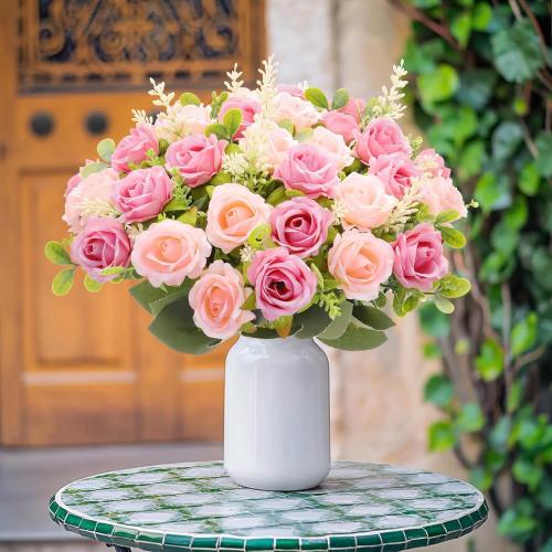 TURNMEON 40 Heads Fake Roses Artificial Flowers for Outdoors Spring Decor, 4 Bouquets UV Resistant Fake Flower Bouquet Faux Silk Roses for Wedding Birthday Party Home Summer Cemetery Decor(Pink)***