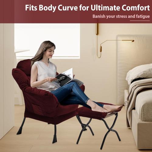 Lazy Chair with Folding Ottoman, Accent Chair Velvet Upholstered with Metal Structure and Non-Slip Pads, Sofa Armchair with Footrest and Side Storage Bag for Dorm, Room, Office, Burgundy
