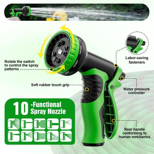Green and Black Garden Hose Non-Expandable Water Hose with 10 Function Nozzles, Portable, Kink-Free, Outdoor and Garden Flexible Hose Pipe for Car Wash, Yard, Camper, Lawn, Lightweight Long Hose
