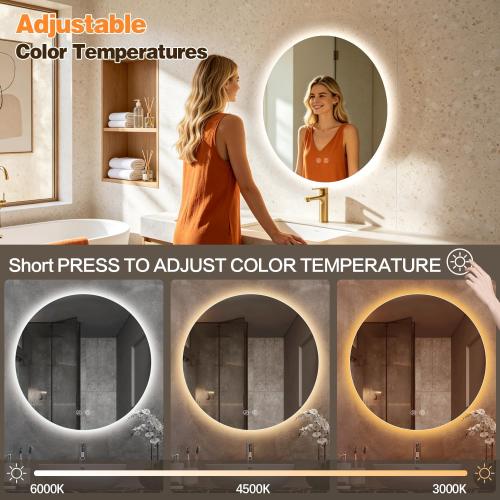 Niccy Round Led Mirror for Bathroom, 30 Circle Frameless Backlit Mirror wiht Light, Anti-Fog, 3 Colors, Waterproof, Memory Function