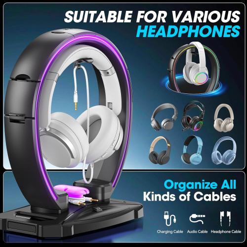 KDD RGB Headphone & Controller Stand with 9 Light Modes - Foldable Controller Hanger for Desk - Earphone Stand with Cable Organizer - for Gamers Desktop Accessories