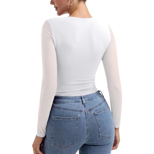 Size S PINKMSTYLE Womens Mesh Square Neck Long Sleeve Bodysuit Going Out Tops Date Night Outfit 2025