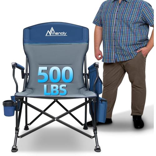 MENOLY Oversized Folding Camping Chair, 500lbs Support Max with Cooler Bag, Multiple Side Pockets & Cup Holder, Heavy Duty Camping Chairs for Adults for Camping, Beach, Fishing