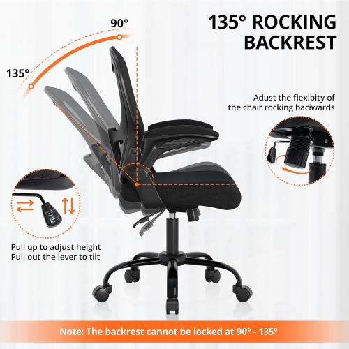 Black Office Chair, Ergonomic Desk Chair Breathable Mesh Chair with Adjustable High Back Lumbar Support Flip-up Armrests, Long Hours Comfortable Computer Chair for Home Office, Black