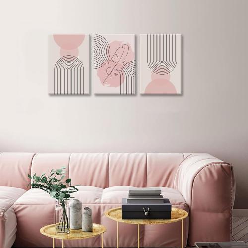 Fetyiu 3 Piece Boho Wall Art Pink Canvas Art Prints Mid-Century Modern Paintings Abstract Pictures Geometric Wall Decor Lines Artwork for Bedroom Office  Framed