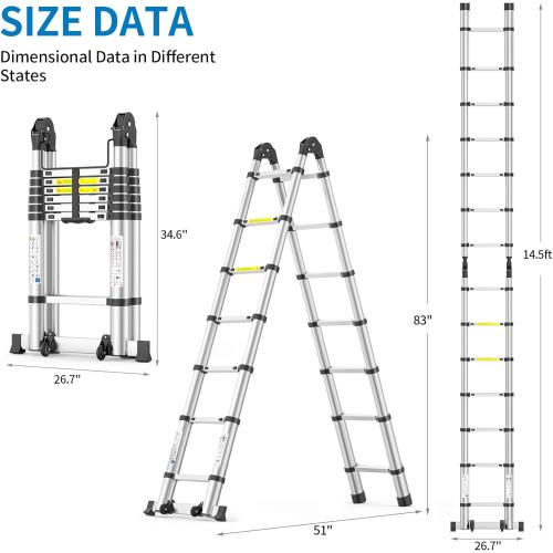 Telescoping Ladder,14.5 FT Extension Ladder, Heavy Duty 330lbs Max Capacity, Multi-Purpose Collapsible Ladder for RV or Outdoor Work