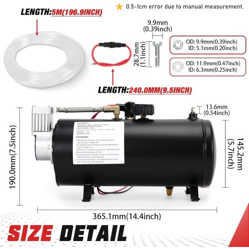 PTNHZ DC 12V MAX 150PSI Air Compressor Tank Pump w/3 Liter 0.8 Gallon Tank For Train Truck Boat Pickup Motorhome Portable Air Compressor Pump