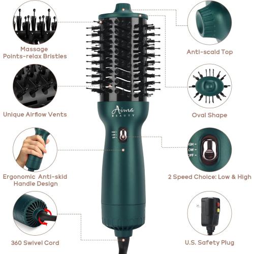 Aima Beauty Hair Dryer Brush Dual Voltage Travel Blow Dryer Brush Hot Air Brush with Oval Barrel 360°Airflow for Smooth,Negative Ionic Frizz-Free Drying/Straightening/Voluming, Dark Green ‼️has mild hair in the brush ‼️