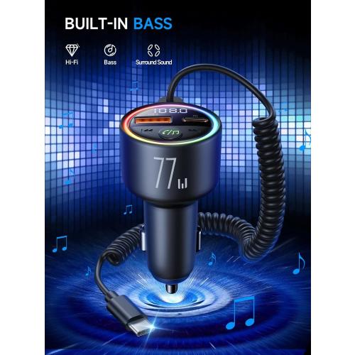 77W Bluetooth 5.4 FM Transmitter Car Adapter [PD3.0 65W 12W Fast Charging] Bluetooth Car Adapter [Deep Bass&Lossless Call Sound] Radio Bluetooth Transmitter for Car HiFi Mic & Colors LED Display