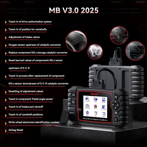 Bidirectional Diagnostic Tool for Most Mercedes-Benz/Sprinter/Smart from 1996-2023 iCarsoft MB V3.0 2025 Version 38  Reset Service OBD2 Full System Scanner Battery Test Actuation Test AutoVIN