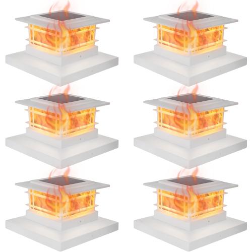 Dynaming 6 Pack Solar Post Cap Lights Outdoor with Flickering Flame Light, White Shell Fence Post Solar Lights Fit 4x4 5x5 Vinyl/Wooden Posts, Brightness LED Lighting Decor for Garden Deck Patio