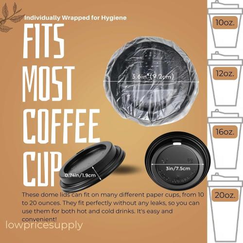Coffee Cups Sipper Dome Lids fits 10 oz, 12 oz, 16 oz, 20oz Hot Paper Cup Black To-Go Lid For Cafe, Hotel Motel Room, airbnb Host Disposable Wrapped Coffee Cup Lid