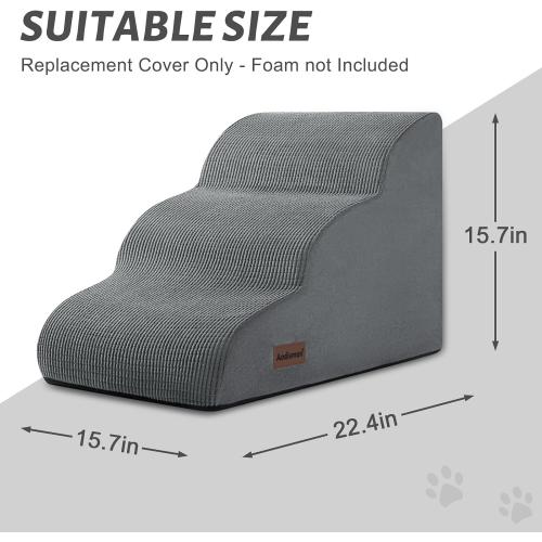 3 Step Foam Dog Stairs Replacement Cover (for AODISMAN Dog Ramp Only), Suitable Size: 22.4 L*15.7 W*15.7 H,Grey