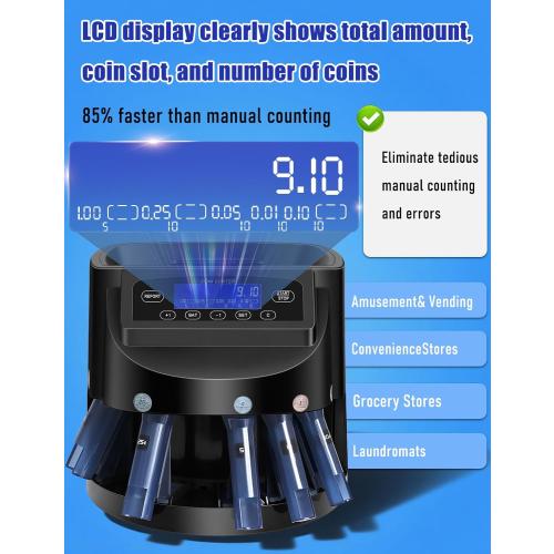 Coin Counter and USD Coin Sorter with LCD Display, 300-Coin Capacity, Automatic Change Counter for 1￠ 5￠ 10￠ 25￠ $1, 270 Coins/min,Coin Sorter and Wrapper Machine for Fast & Accurate Sorting