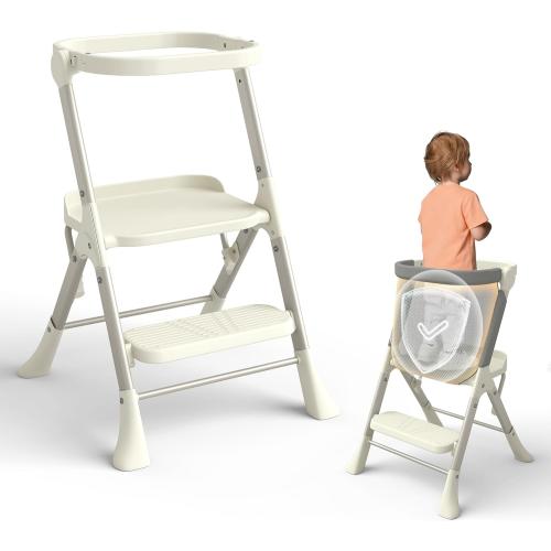 Toddler Tower, Toddler Kitchen Stool Helper with Anti-Tipping Structure and Safety Net, More Secure and Stable, Ideal for Toddlers 18 Months to 4 Years Old, White