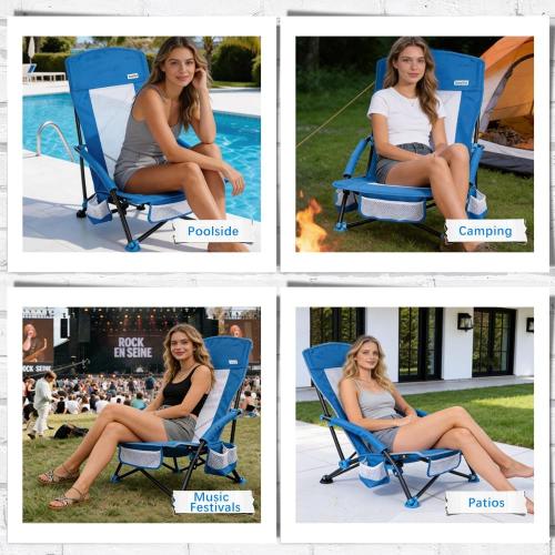 SUNNYFEEL Folding Beach Chair, High Back Beach Chairs for Adults, Lightweight Portable Camp Chair 300lbs Heavy Duty with Carry Bag, Cup Holder for Outdoor Travel Picnic Concert, 2 Pack, Blue