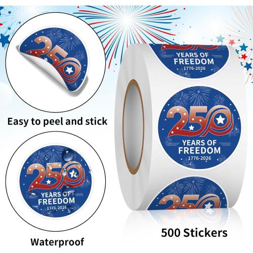 Heyfibro 500 PCS 1.5 Inch 250th Anniversary Stickers Semiquincentennial Stickers Roll for Independence Day Events Party Favors Cards Gift Packing Candy Bags (250th Anniversary 2)