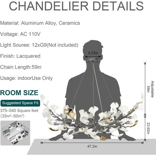 Modern Tree Branch Chandeliers for Dining Room,47 Rectangle Ceramic Ginkgo Leaf Chandelier, Dining Chandelier Over Table for Living (Bulb not Included)