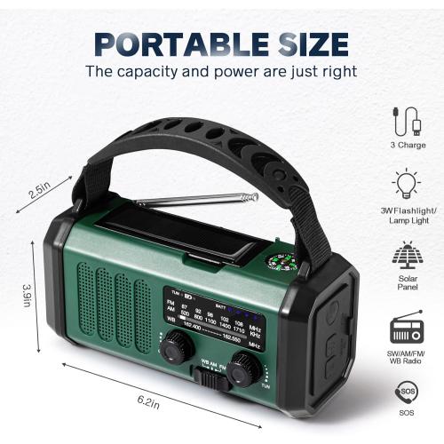 10000mAh Hand Crank Emergency Radio, NOAA Weather Radio with AM/FM & solar Radio, Rechargeable Battery, Flashlight & Reading Light, SOS Alarm, Compass Cell Phone Charger for Indoor Outdoor Emergencies