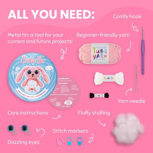 Cookie Box Original Crochet Kit for Beginners – Gift Set to Make Bunny Lola Amigurumi Plushie – Easy DIY Crochet & Knitting Starter Kit with Video and PDF Tutorials