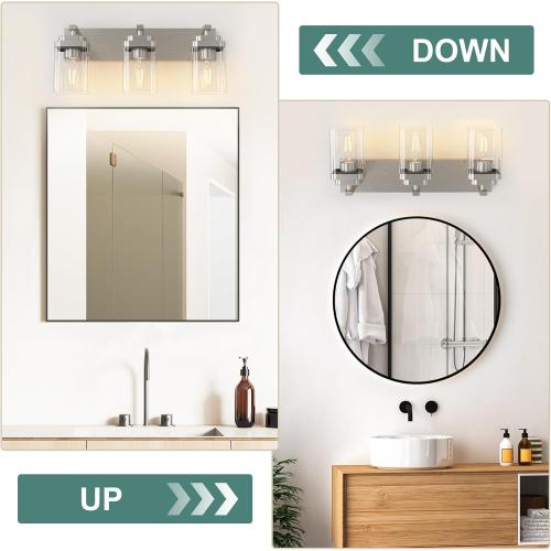 Brushed Nickel Bathroom Light Fixtures, 3 Lights Bathroom Lighting Fixtures Over Mirror, Square Design & Rectangle Large Backplate, Modern Vanity Lighting Fixtures, for Living Room/Bedroom
