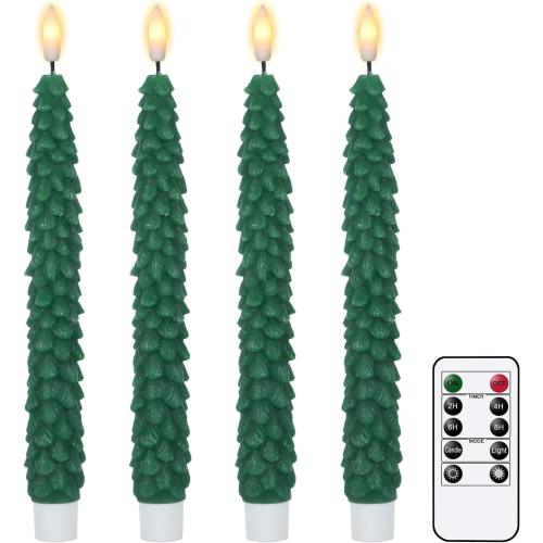 DRomance Christmas Tree Flameless Taper Candles Battery Operated with 10-Key Remote and Cycle Timer 4 Pack Real Wax 3D Wick Flickering LED Candlesticks Holiday Decor(Green, 0.79 x 9.9 Inch)