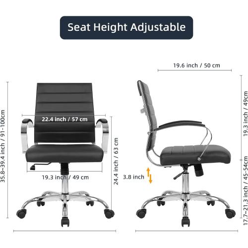 LANDSUN Home Office Chair Mid Back Desk Chair PU Leather Ribbed Executive Swivel Computer Chair with Wheels and Armrests Soft Padded Adjustable Height Conference Task Black
