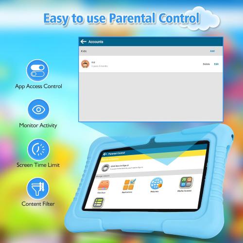 Veidoo Kids 7 Android Tablet PC, 2GB RAM, 32GB ROM, Safety Eye Protection, WiFi, Dual Camera, Games, Parental Control APP, Blue Silicone Case