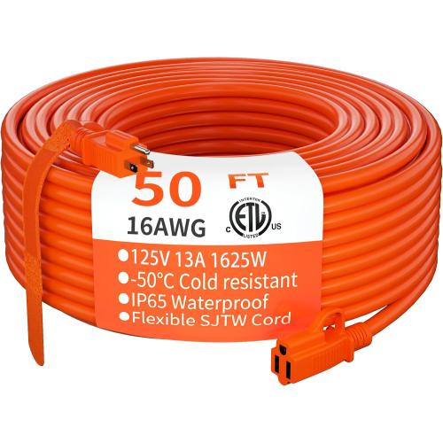 HUANCHAIN Indoor Outdoor Extension Cord 50 ft Waterproof, 16/3 Gauge Flexible Resistant Appliance Extension Cord Outside, 13A 1625W 16AWG SJTW, 3 Prong Electric Cable Orange, ETL