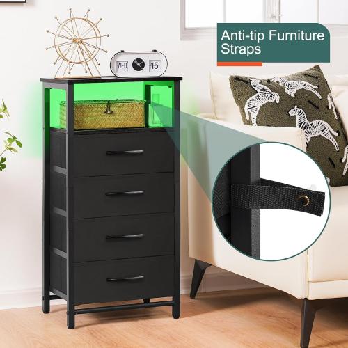 Yoobure Night Stand - Small Dresser for Bedroom, LED Black Nightstand with Charging Station, Bedside Table with 4 Fabric Drawers and Open Shelf, Vertical Dressers with USB Ports and Outlets may have missing accessories
