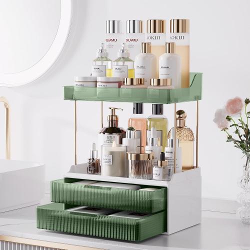 Bathroom Counter Organizer, 2-Tier 2-Drawer Makeup Organizer Countertop, Easy to Install, Ideal for Bathroom Storage, Vanity, Perfume, Large Skincare, Present, and More, DarkGreen