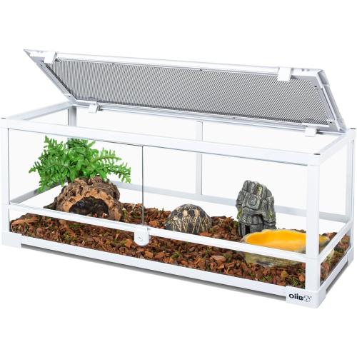 White 30x12x12 OIIBO Full Glass Long Tank Reptile Terrarium 20 Gallon, Front Opening Terrarium 30 x 12x 12 for Reptile Pets Gecko Lizard Snake, Double Front Opening Doors & Ventilation Top Screen (Knock-Down)
