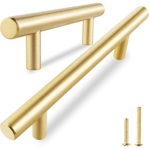 QOGRISUN 5-Pack Solid Brass Cabinet Pulls, Gold Euro Style T Bar Handles, 6-1/4-Inch Hole Center for Kitchen Drawer Dresser Cupboard, 8.7-Inch Total Length, Brushed Brass Finish