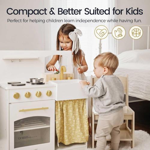 Tiny Land Toddler Kitchen Playset, Wooden Play Kitchen Set Toy with Cutting Food & Cookware, Oven, Clicking Knobs, Stove and Sink, Small Toy Kitchen Gift for 1-3 Year Old Kids, Girls & Boys - Cream