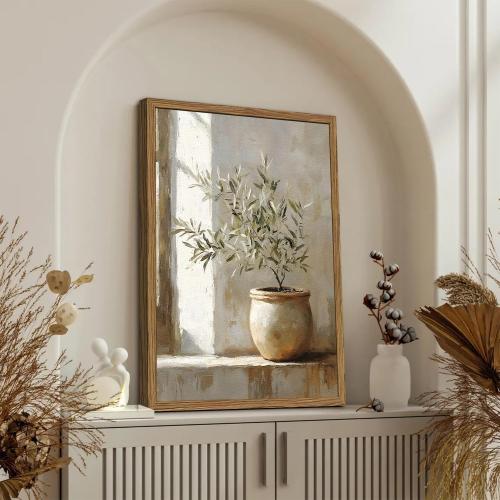 Framed Vintage Olive Tree Wall Art, Textured Sandstone Botanical Pictures Wall Decor, Rustic Neutral Potted Plant Paintings Prints Aesthetic Farmhouse Home Decor for Living Room Bedroom 16x24 inch