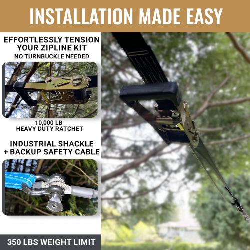 Hyponix Zip Line Kit for Kids & Adults 65' Backyard Zipline for Outdoor — 350lb Capacity, 1/4 Stainless Steel Cable, 7.5' Spring Brake, Ratchet System, Cushioned Seat, Gifts for Kids