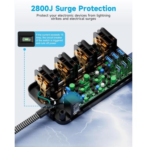 Surge Protector Power Strip (2800J), 8 AC Outlets with 6 USB Ports 4.8A/24W Charging Station for iPhone 15 Series, 5ft Flat Extension Cord, Wall Mount for Home, Travel, Office