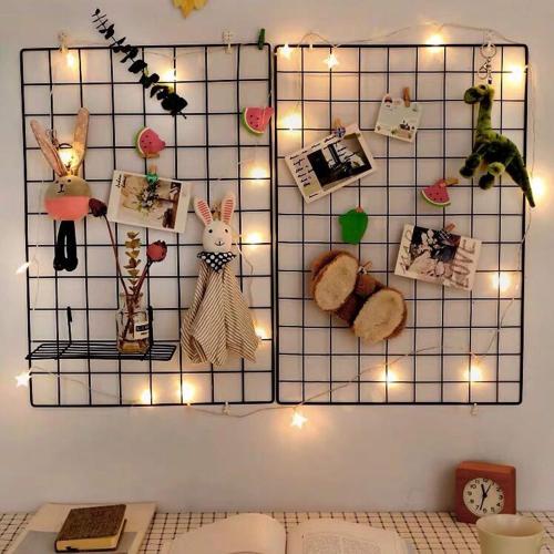 GBYAN 2 Pack Wire Wall Grid Panels with Lights and Clips Large Photo Board for Picture Display Wall Organizer Grid Wall Shelf for Home Office, Room Decoration for Teenagers and Adults