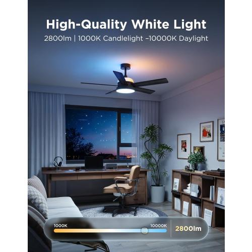 Govee Ceiling Fan with Lights, RGBIC Smart 52'' Low Profile Ceiling Fan with Lights and Remote, Reversible DC Motor, Dimmable, 2800lm, Ceiling Fan for Bedroom, Living Room, Black‼️Like New‼️