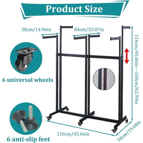 Retail Clothing Display Racks, Black Heavy Duty Garment Rack with Wheels | Floor Standing Metal Display Racks, 6 Straight Arms Clothing Rack for Hanging Clothes, Boutiques Adjustable Shirt Rack
