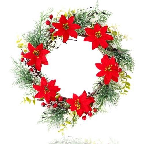 14 Inch Christmas Wreath Poinsettias Artificial Flowers Wreath for Front Door Home Wall Window Christmas Winter Holiday Decoration