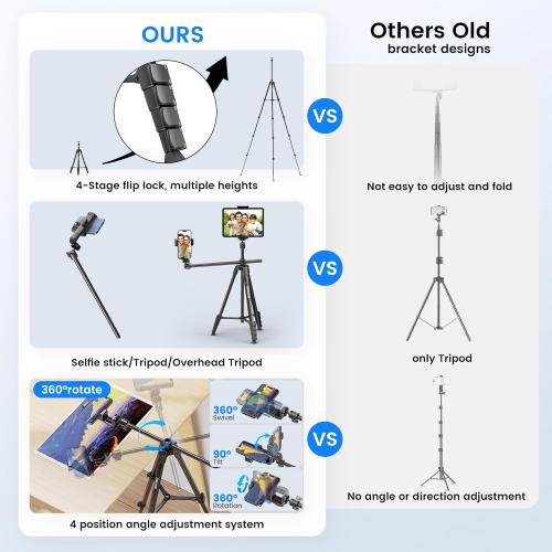 70 Phone Tripod & Selfie Stick, Horizontal Overhead Tripod, Extendable Camera Cell Phone Tripod Stand with Wireless Remote and phone Holder for Filming Video Recording Live Stream