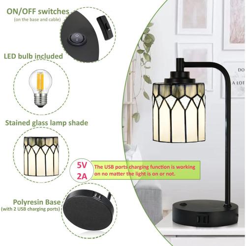 TL0019 Tiffany Table Lamp with 2 USB Charging Ports, Desk Lamp with Geometric Stained Glass Lamp Shade, Retro Nightstand H 14.5 for Bedrooms Office Study, LED Bulbs Included (Grey)