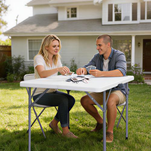 Lakhow 34 Square Folding Table, Fold-in-Half Utility Dining Portable Table Heavy Duty HDPE Plastic Foldable with Carrying Handle Indoor Outdoor for Picnic, Party