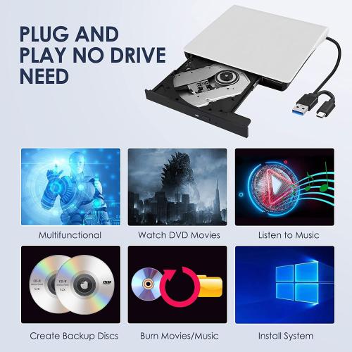 External CD/DVD Drive for Laptop, Type-C CD/DVD Player USB 3.0 Portable Burner Writer Reader Compatible with Mac MacBook Pro/Air iMac Desktop Windows 7/8/10/XP/Vista(White)