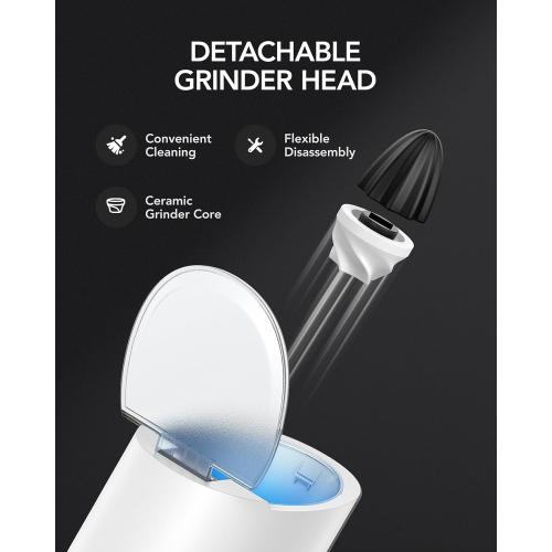 FORLIM Gravity Electric Salt and Pepper Grinder Set with Dust Cover LED Upgraded Batteries Powered Automatic Pepper Grinder Adjustable Coarseness, L Capacity for Kitchen Travel, White & Black