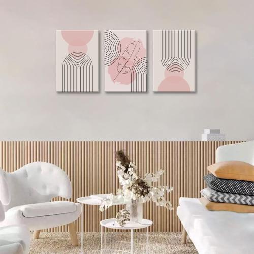 Fetyiu 3 Piece Boho Wall Art Pink Canvas Art Prints Mid-Century Modern Paintings Abstract Pictures Geometric Wall Decor Lines Artwork for Bedroom Office  Framed